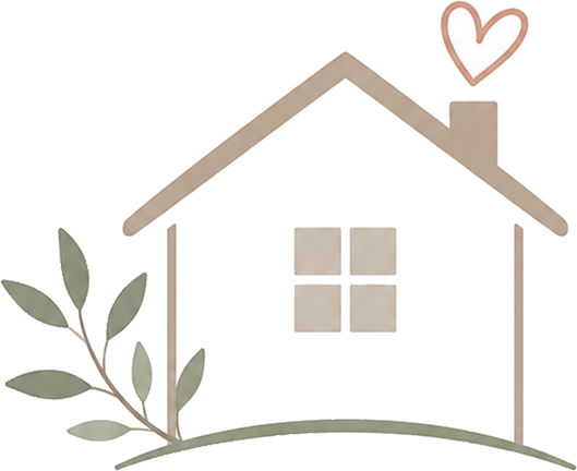 Home Rentals by Katie house mark — a line-drawn house with a leafy branch and a heart above the chimney