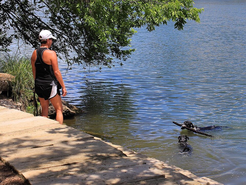 A kayaker beside the Butler Hike-and-Bike Trail on Lady Bird Lake