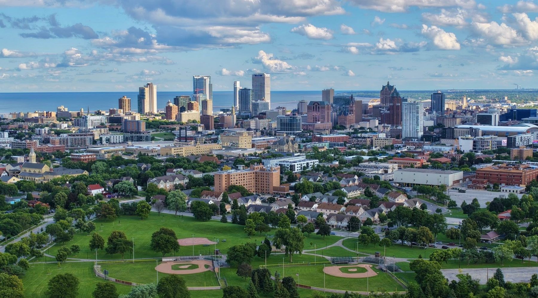 The Milwaukee skyline seen across Lake Michigan